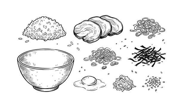 Hand-drawn ingredients for asian ramen noodles with bowl and egg