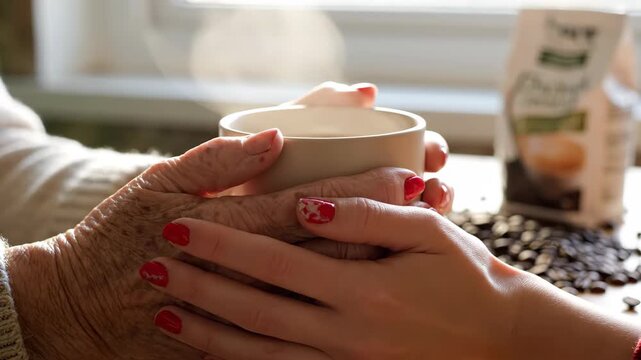 Mother's Day scene with senior mother and adult daughter in a messy, real-life morning setting. Close-up of hands, hair, and soft textures. Concept of messy authenticity and love.