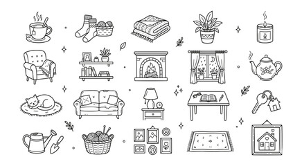 Hygge Home Line Art Icons Set. Cozy Lifestyle Doodle Vector Elements for Domestic Comfort and Relaxation. © ObDesign