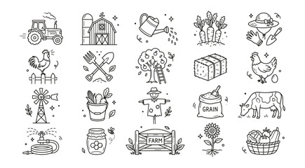Farming Agriculture Line Art Icons Set. Hand-Drawn Doodle Vector Collection for Organic and Rural Themes. © ObDesign