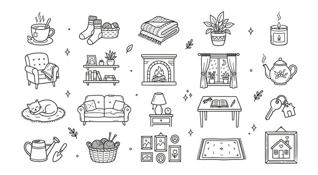 Hygge Home Line Art Icons Set. Cozy Lifestyle Doodle Vector Elements for Domestic Comfort and Relaxation.