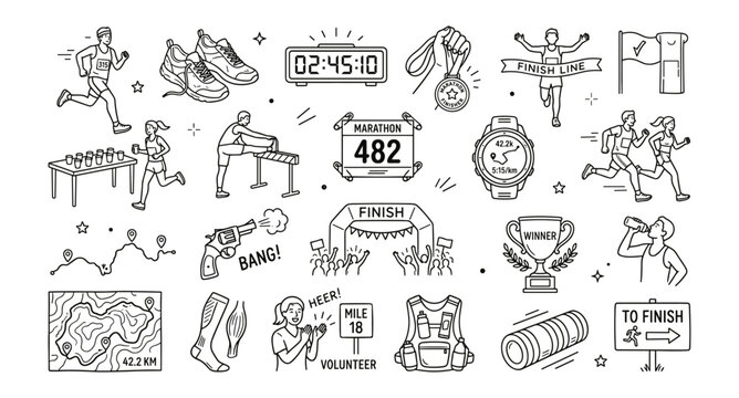 Marathon Race Line Art Icons. Running, Fitness, Endurance Sports Doodles.