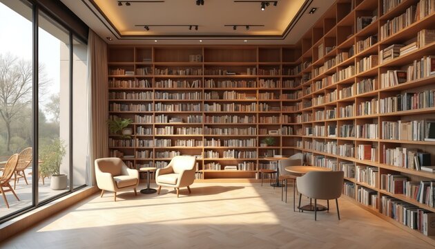 Cozy modern library interior with floor to ceiling bookshelves filled with books. Comfortable chairs, tables invite patrons to relax, read. Large window overlooks green trees, outdoor seating area.