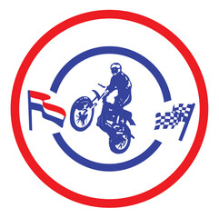 Motocross Racing Logo with Stunt Biker Silhouette, Checkered Flag and Circular Frame © SHAMSUL