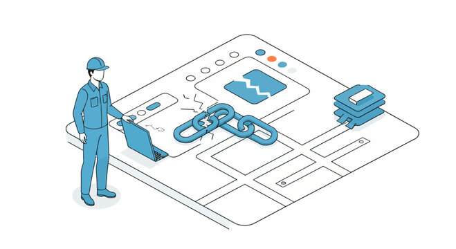 Man fixing broken network link on digital screen interface using laptop computer in isometric style