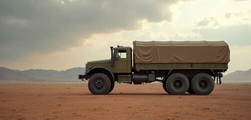 Obraz premium Military transport truck with covered cargo bed drives in desert landscape. Army vehicle travels on sandy terrain with mountains in background under cloudy sky. Heavy duty truck for logistics.