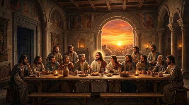 Jesus Christ and his twelve disciples share a solemn last supper meal in an ancient stone room with a beautiful sunset city view