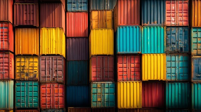 A large stack of colorful shipping containers in a storage yard