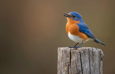 Fototapeta premium Male bluebird with orange breast sits on wooden post. Bird sings with open beak. Small passerine perches outdoors in natural environment. Focus on avian wildlife.