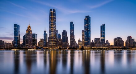 Fototapeta premium Daylight skyline with modern towers reflected on water under a clear blue sky. 