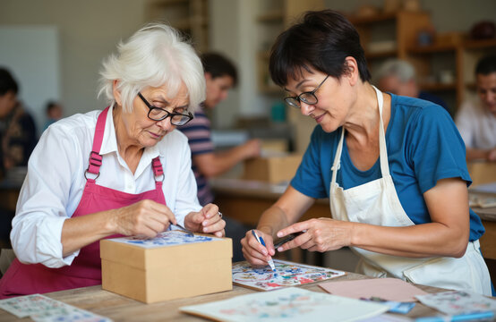 Two women work together at a decoupage art workshop. They focus on decorating boxes with colorful patterns. Senior and adult friends create crafts.