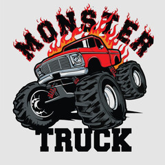 Red monster truck illustration with flames and bold text for t-shirt design graphics. © Redwan Ahmed Marjan