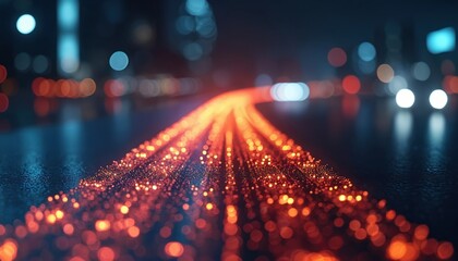 Fototapeta premium Abstract glowing lights form path on dark wet surface. Data flow concept shows futuristic city night scene. Futuristic city network connects abstract particles.