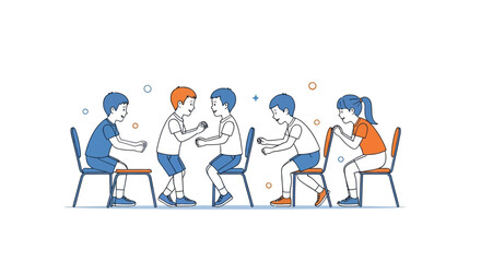 Fototapeta premium A few kids play fun chair game at school with happy and young smiling faces