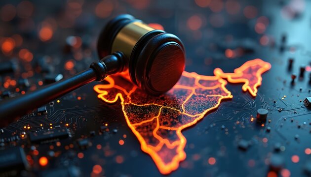 Digital gavel rests on India map shaped circuit board. Glowing lines outline country. Law and tech merge. Justice system connected digitally. Electronic legal concept.