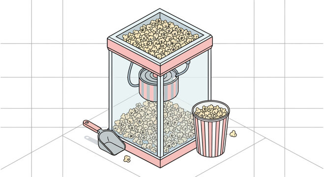 A pink red pop corn maker machine scoop and cup snack food item icon set