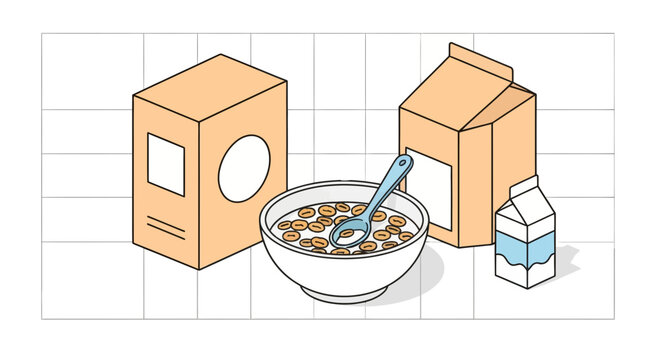 Healthy breakfast bowl cereal milk spoon boxes carton morning meal food