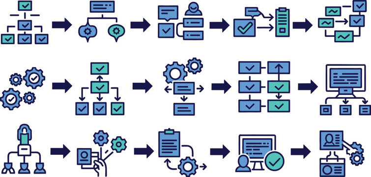 Workflow automation and business process management icon set with task flow diagrams checklists system integration and data operations vector illustration