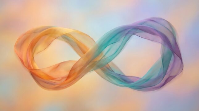 Infinity symbol made of flowing silk fabric, ethereal loop of colorful translucent chiffon, neurodiversity concept with rainbow mobius strip