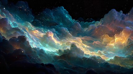 Obraz premium Abstract illustration of a nebula with multiple clouds of colors floating in space.