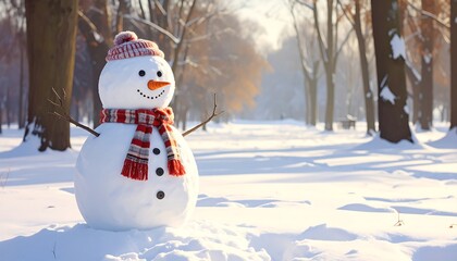 Obraz premium A snowman in a snowy forest with trees