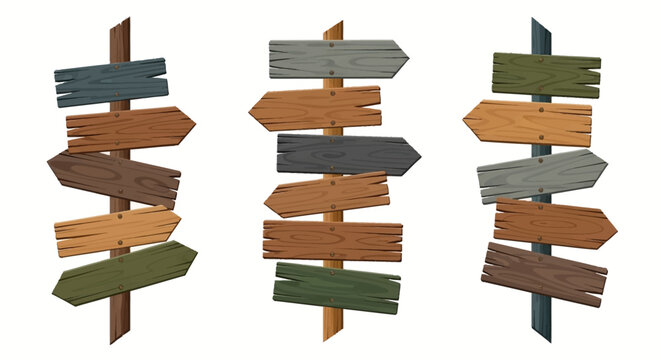 Vector illustration depicting three rustic wooden signposts with varied arrow boards, symbolizing choices, directions, and diverse ways.