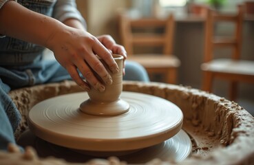 Fototapeta premium Childs hands mold clay on spinning pottery wheel. Kid learns ceramic craft making pot in art studio. Hands shape wet earthen vessel, focus on creative process.