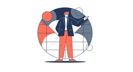 Obraz premium Man in a suit is standing in front of a circle with a grid pattern