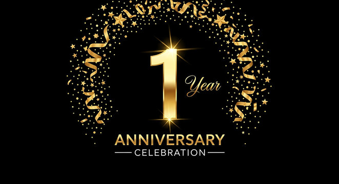 Golden 1st anniversary celebration logo with starry design