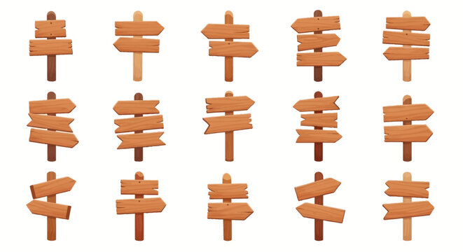 Various rustic wooden directional signs and arrow pointers on posts, isolated graphic elements for navigation, choice, and pathfinding concepts.
