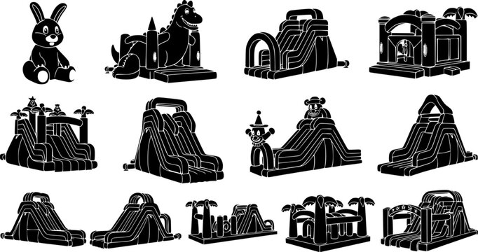 Inflatable Bouncy Castle and Water Slide Collection - Children's Amusement Park Equipment Vector Set