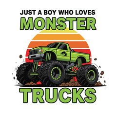 Just a boy who loves monster trucks illustration with a green truck and a retro sunset. © Redwan Ahmed Marjan