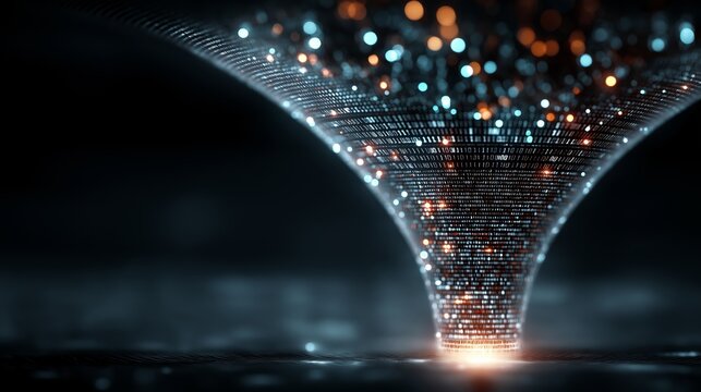 Digital funnel channels glowing binary code and data particles downward through dark cyberspace illustrating big data filtration and intelligent information sorting for network traffic management