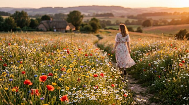 Young woman walking through a beautiful wildflower meadow at sunset