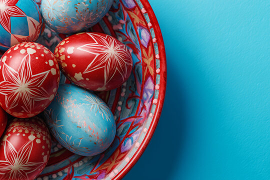 Easter celebration with traditional painted eggsю A close-up of a bright plate of Easter eggs on a beautiful blue table.
