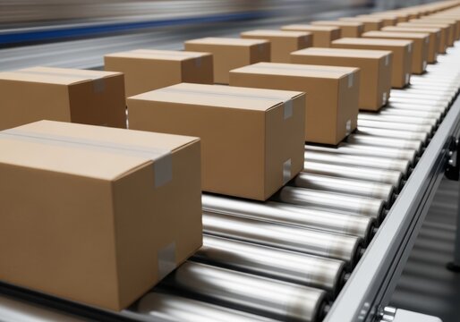 Cardboard box moving on industrial conveyor belt. Automated manufacturing assembly line for parcel sorting and distribution. Logistics hub warehouse shipping process for ecommerce business.