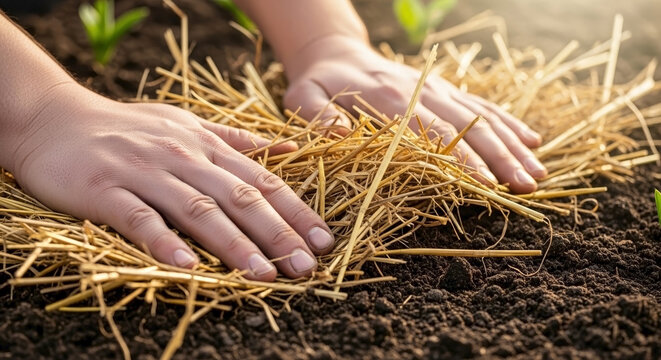 Hands gently applying golden straw mulch on dark garden soil, nurturing small plant seedlings. Fresh straw mulch helps retain moisture, regulate temperature, suppressing weeds.