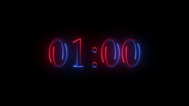 Glowing neon colorful 2 minute countdown animation from 120 seconds to 2 minute countdown timer on a black background. 4k video.