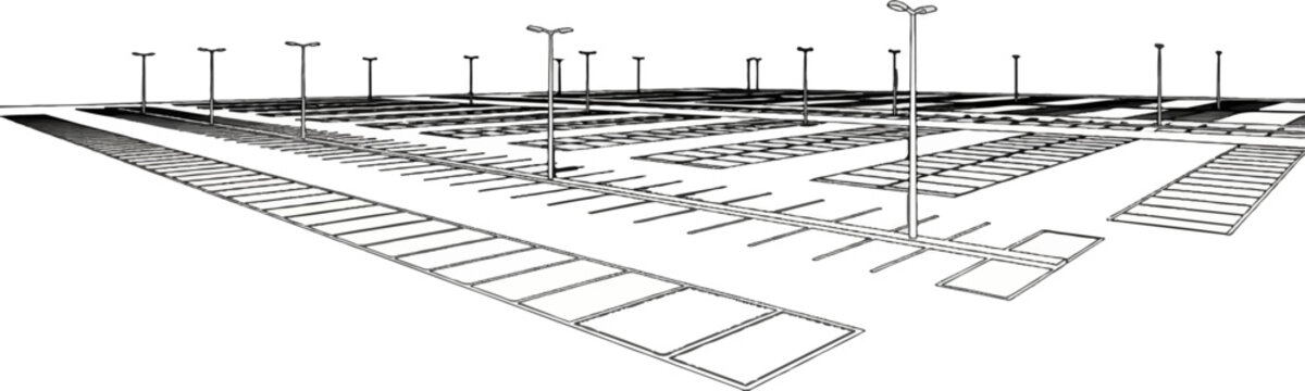 Wireframe illustration of an empty, multi-level parking lot with streetlights