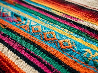 Obraz premium A Colorful, Detailed Shot of a Woven Rug. Close-up on a traditional textile with vibrant colors and intricate patterns. Focus on culture and craft