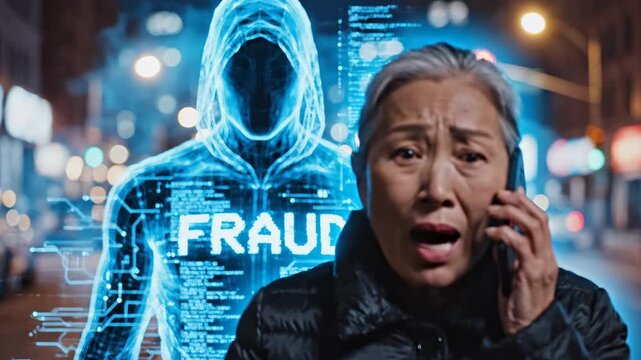 Elderly Asian Woman on Phone with Scammer, Fraudster in Background, Cybercrime and Online Scam Concept.