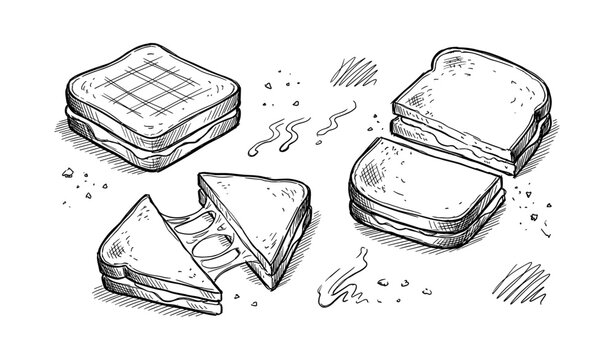 Variety of hand-drawn sandwiches with cheese and grilled marks in vintage style