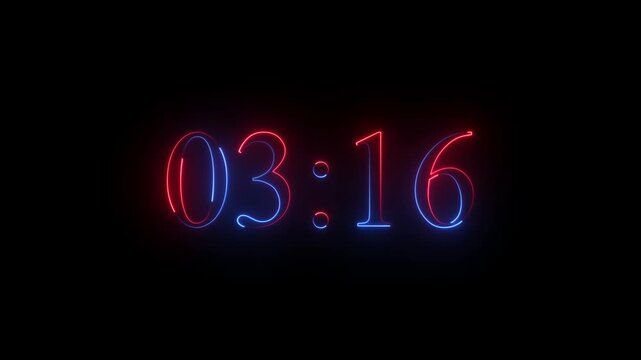 Glowing neon colorful 6 minute 30 seconds countdown animation from 390 seconds to 6 minute 30 seconds countdown timer on a black background. 4k video.