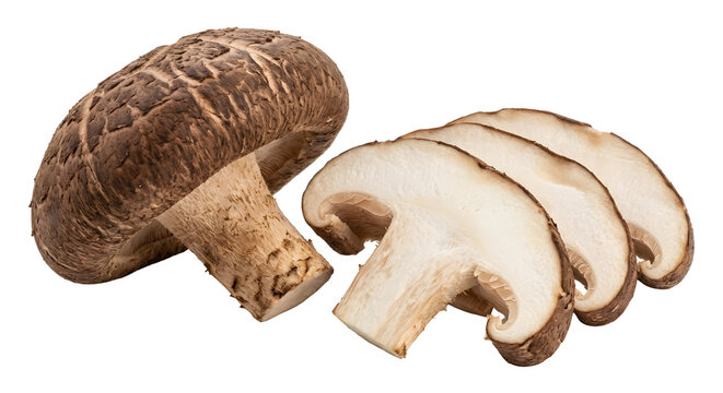 Isolated Shiitake Mushrooms and several sliced