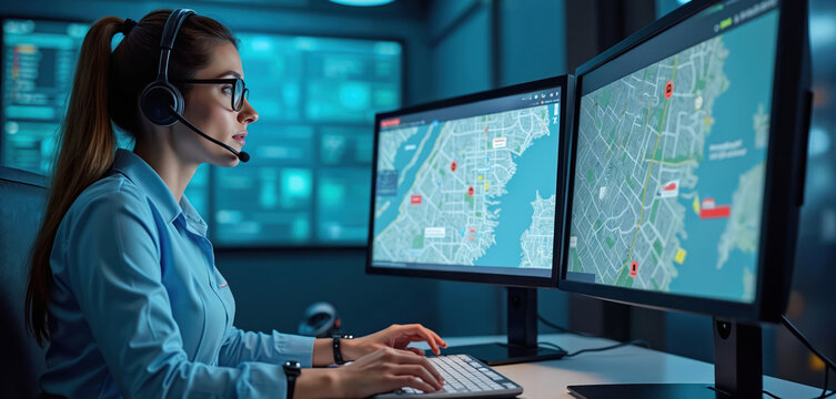 Young woman dispatcher wears headset working at multiple computer screens showing city maps. She monitors operations, coordinates responses, and handles urgent calls in a control center environment.