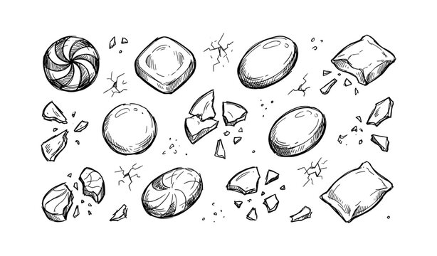 Hand-drawn candy and cookie collection with cracked details