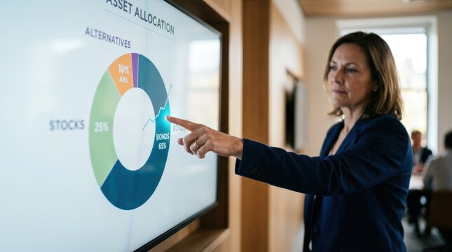 Closeup of a financial advisor pointing at a screen with a conservative asset allocation graph focused on bonds while stocks and alternatives fade softly out of view.
