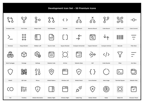 Git & Development Icon Set. 50 Software Outline Icons. Source Code, Binary, Engineer, Repository, Push, Commit, Merge, Pull, Request, API, Bracket