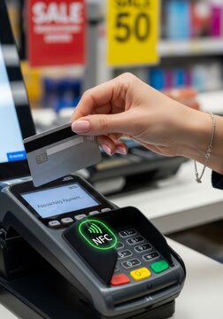 Woman paying with credit card at pos terminal. Customer using contactless payment at checkout in shop. Financial transaction and digital banking system. Modern terminal technology concept.