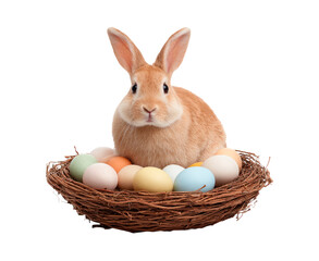Obraz premium Light brown rabbit sitting inside round nest with eggs on transparent background PNG